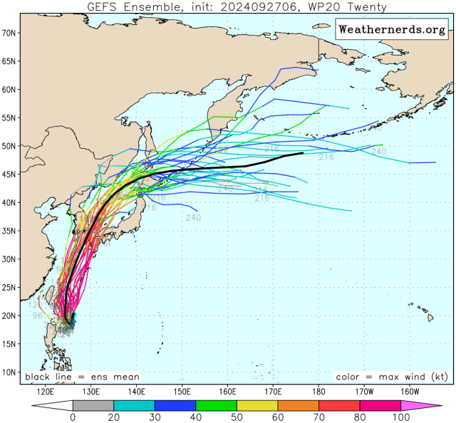 다중앙상블(GEFS) 모델 39호 열대저압부(향후 18호 태풍 끄라톤 발달 전망) 예상경로