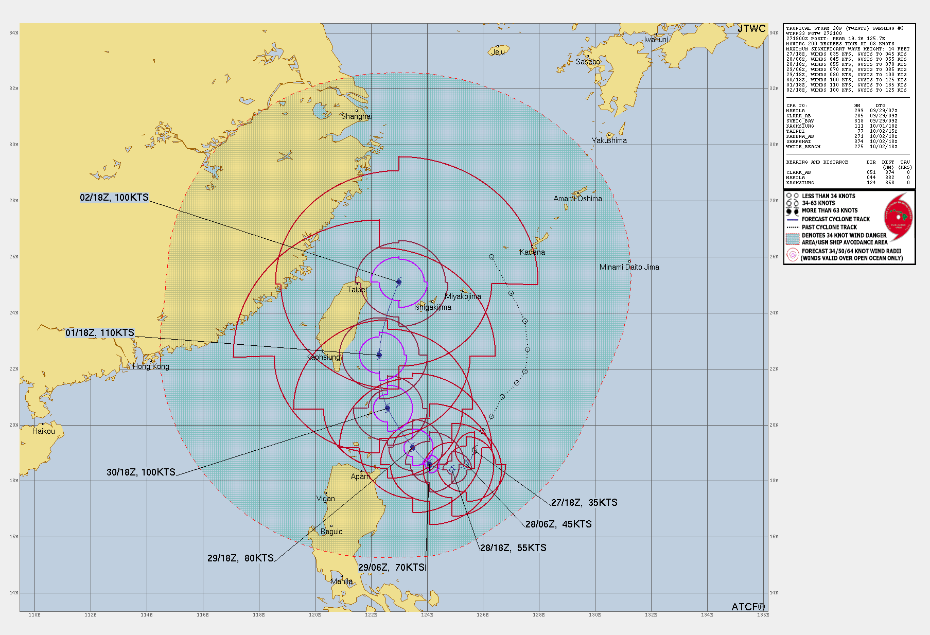 미국 합동태풍경보센터(JTWC, Joint Typhoon Warning Center) 18호 태풍 끄라톤 예상경로