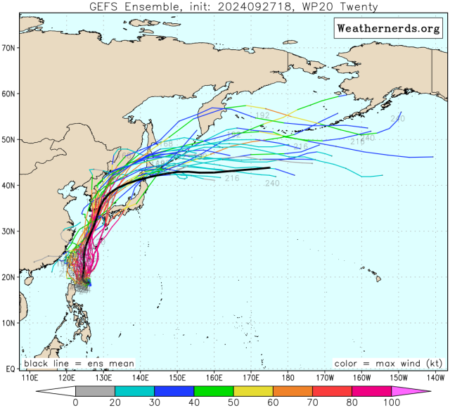 다중앙상블(GEFS) 모델 18호 태풍 끄라톤 예상경로