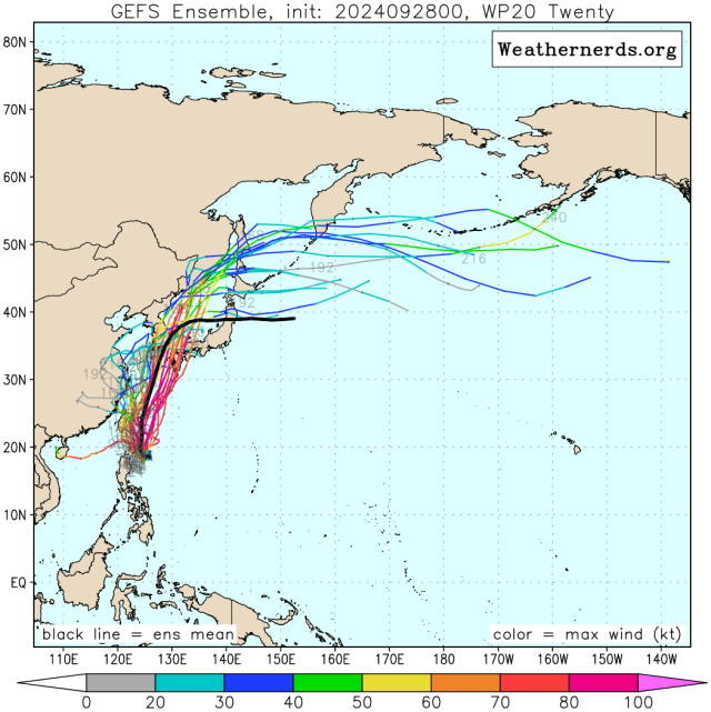 다중앙상블(GEFS) 모델 18호 태풍 끄라톤 예상경로