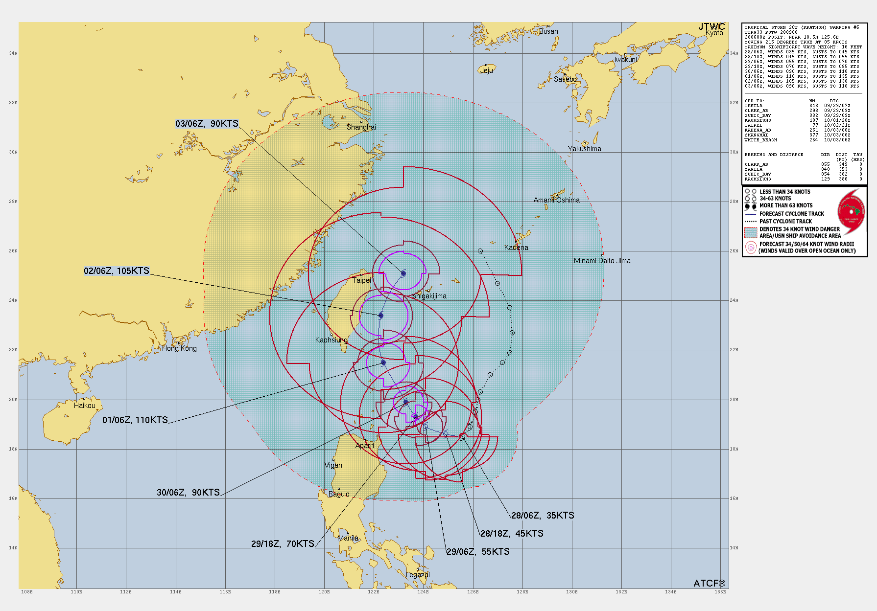 미국 합동태풍경보센터(JTWC, Joint Typhoon Warning Center) 18호 태풍 끄라톤 예상경로