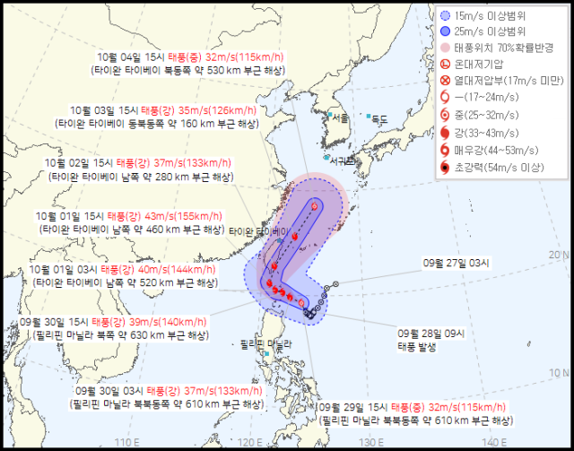 기상청 29일 오후 4시 30분 발표 18호 태풍 끄라톤 예상경로