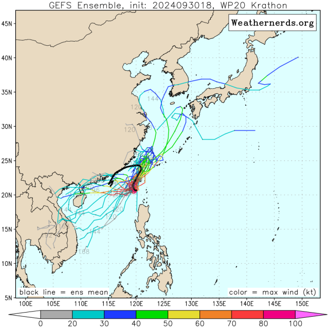 다중앙상블(GEFS) 모델 18호 태풍 끄라톤 예상경로