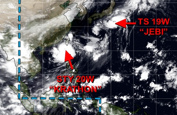 미국 합동태풍경보센터(JTWC, Joint Typhoon Warning Center) 감시 18호 태풍 끄라톤, 17호 태풍 제비. 제비(TS)와 끄라톤(STY)에 대한 표기가 다르다. JTWC 태풍 분류상 TS는 열대폭풍, STY는 슈퍼태풍을 뜻한다. 우리 기상청도 1일 낮 기준 강도 