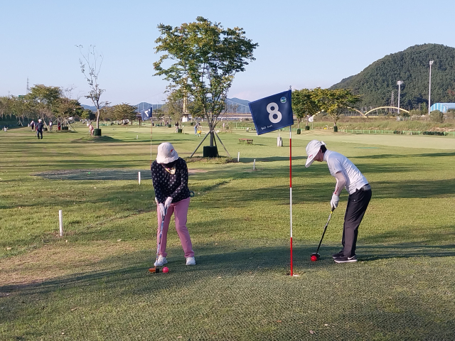 파크골프 동호인들이 고령군 대가야파크골프장에서 파크골프를 즐기고 있다. 김동석 기자