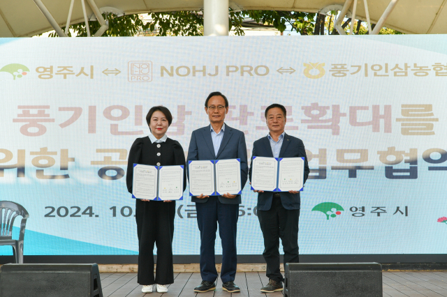 풍기인삼 판로확대를 위한 업무협약을 체결했다. 왼쪽부터 김수진 NOHJPRO 대표, 박남서 영주시장, 권헌준 풍기인삼농협 조합장. 영주시 제공