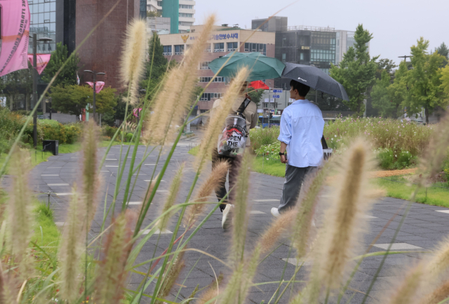 전국으로 비가 내린 지난 1일 서울 종로구 열린송현녹지광장에서 시민들이 우산을 쓰고 이동하고 있다. 연합뉴스