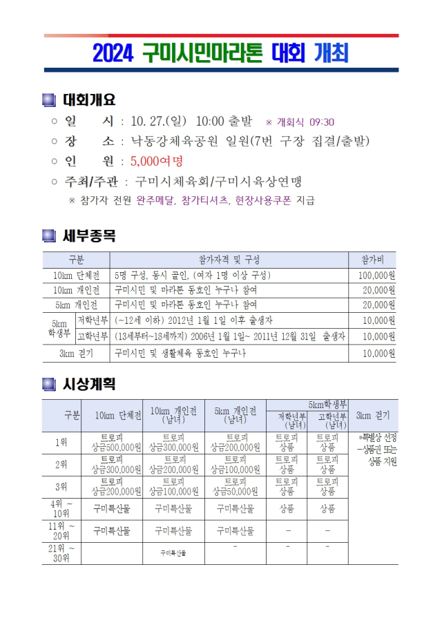 2024구미시민마라톤 대회 개최 개요