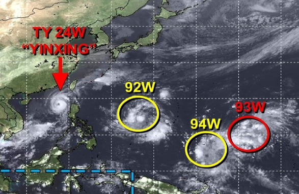 미국 합동태풍경보센터(JTWC, Joint Typhoon Warning Center) 감시 (왼쪽부터)22호 태풍 인싱, 92W 열대요란, 94W 열대요란, 93W 열대요란