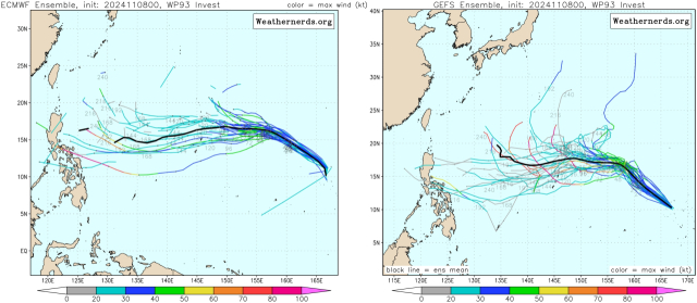 유럽중기예보센터(ECMWF) Ensemble(앙상블) 모델과 다중앙상블(GEFS) 모델의 93W 열대요란 예상경로