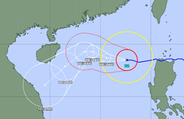 일본기상청 8일 오후 6시 업데이트 22호 태풍 인싱 예상경로