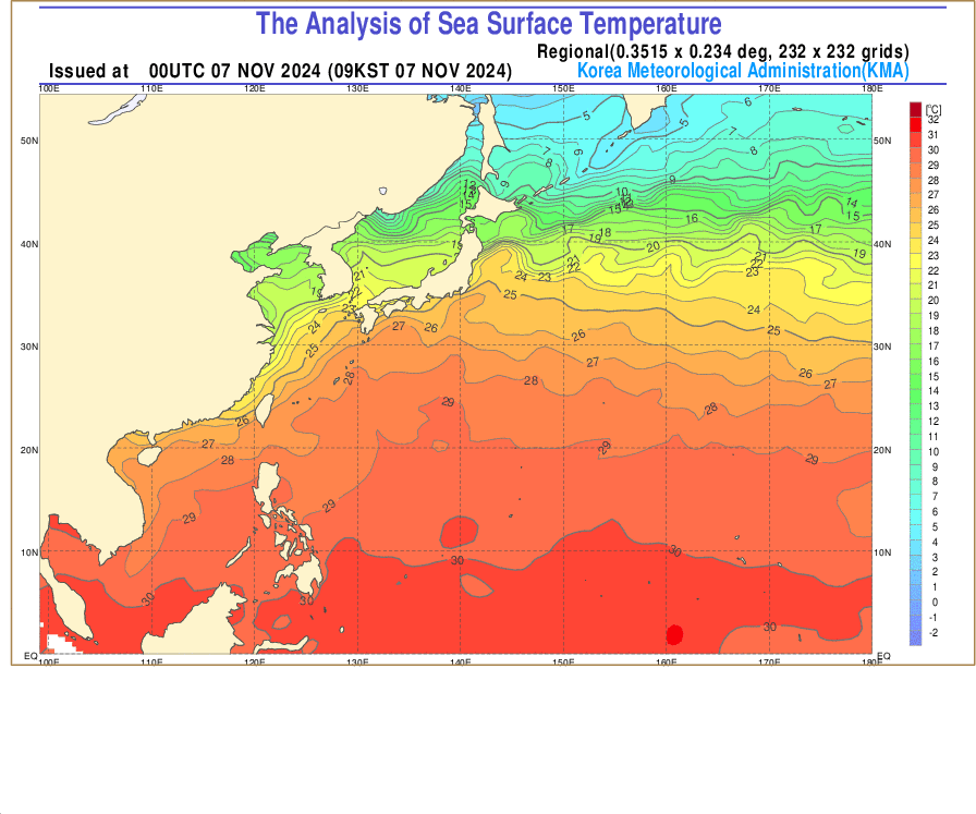 11월 7일 기준 동아시아 바다 수온 현황. 기상청