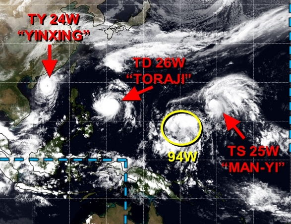 미국 합동태풍경보센터(JTWC, Joint Typhoon Warning Center) 감시 (왼쪽부터)22호 태풍 인싱, 23호 태풍 도라지, 94W 열대요란(25호 태풍 우사기로 발달할 가능성), 24호 태풍 마니