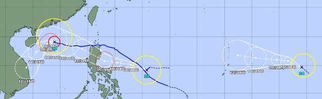 일본기상청 9일 오후 6시 업데이트 22호 태풍 인싱, 23호 태풍 도라지, 24호 태풍 마니 예상경로