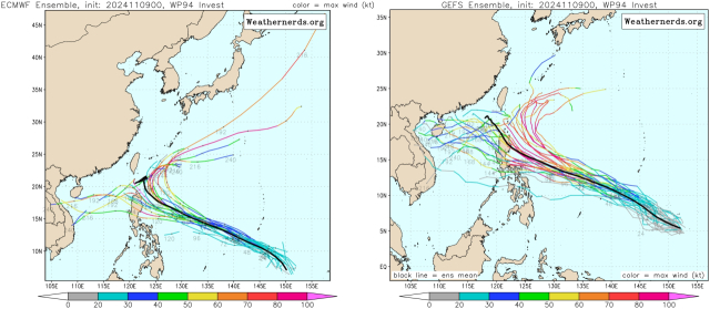 유럽중기예보센터(ECMWF) Ensemble(앙상블) 모델과 다중앙상블(GEFS) 모델의 94W 열대요란 예상경로