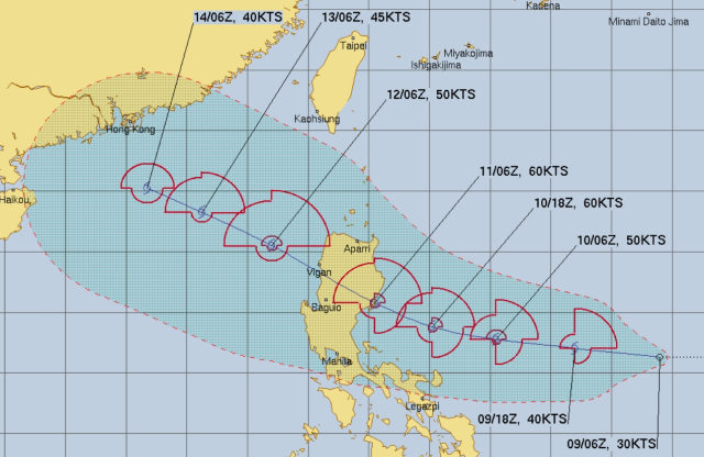 미국 합동태풍경보센터(JTWC, Joint Typhoon Warning Center) 예상 23호 태풍 도라지 필리핀 루손섬 관통 경로