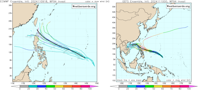 유럽중기예보센터(ECMWF) Ensemble(앙상블) 모델과 다중앙상블(GEFS) 모델의 94W 열대요란 예상경로