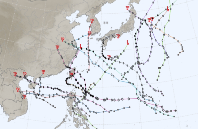2024년 5월 26일 발생 1호 태풍 에위니아부터 10월 25일 발생 21호 태풍 콩레이까지 최종 경로. 기상청