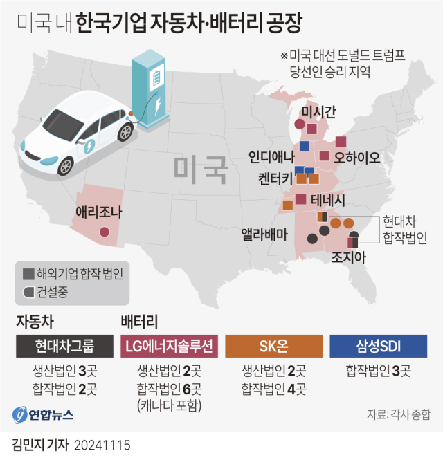 미국 내 한국기업 자동차·배터리 공장 현황. 연합뉴스