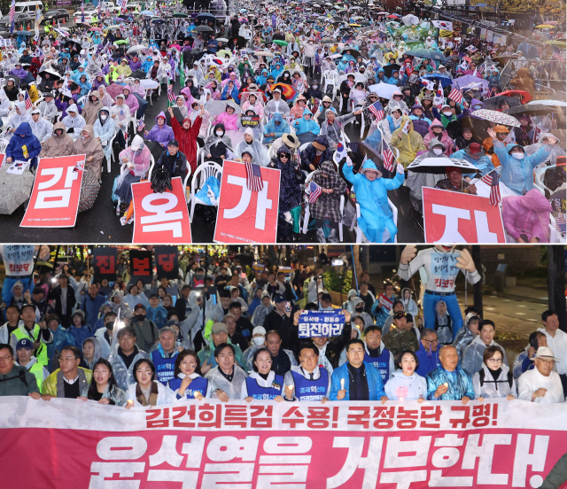 더불어민주당 이재명 대표의 공직선거법 위반 관련 1심 선고 후 첫 주말인 16일 보수진영, 진보 진영의 도심 집회는 계속됐다. 이날 오후 전국안보시민단체연합 등 보수단체 회원들이 서울 세종대로에서 집회를 하고 있다. 같은 날 오후 야당 인사 및 시민들이 광화문 일대에서 정권규탄 집회를 마친 뒤 거리행진을 하고 있다. 연합뉴스