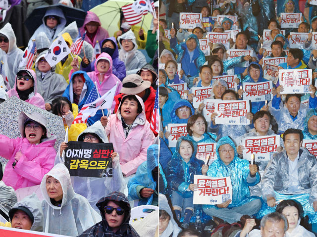 더불어민주당 이재명 대표의 공직선거법 위반 관련 1심 선고 후 첫 주말인 16일 보수진영, 진보 진영의 도심 집회는 계속됐다. 이날 오후 전국안보시민단체연합 등 보수단체 회원들이 서울 세종대로에서 집회를 하고 있다. 같은 날 오후 광화문 인근에서 열린 