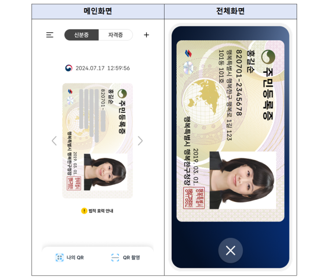 모바일 주민등록증 이미지 예시. 행정안전부 제공