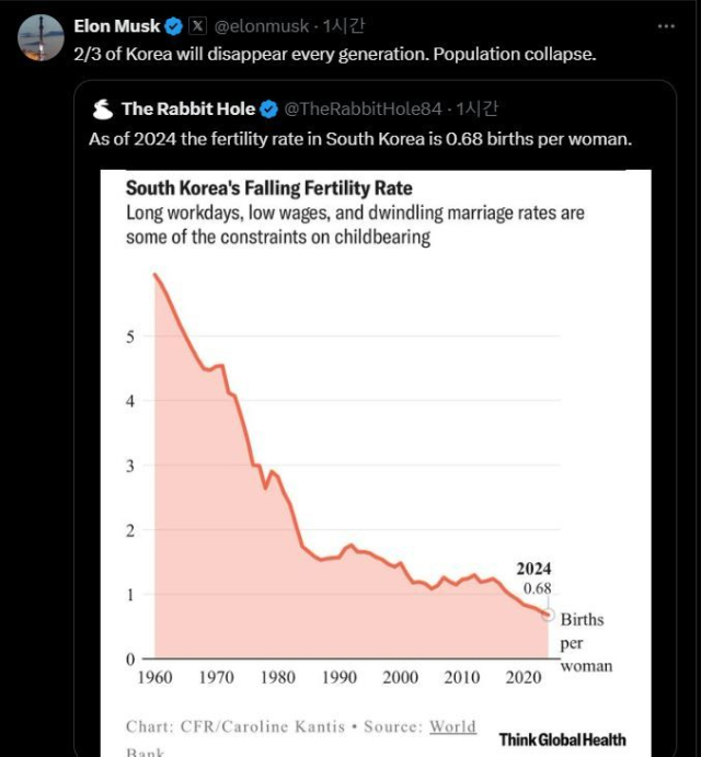 일론 머스크 테슬라 최고경영자가 27일 자신의 엑스에 올린 한국 인구 감소 관련 그래프. 머스크 엑스 옛 트위터 캡처