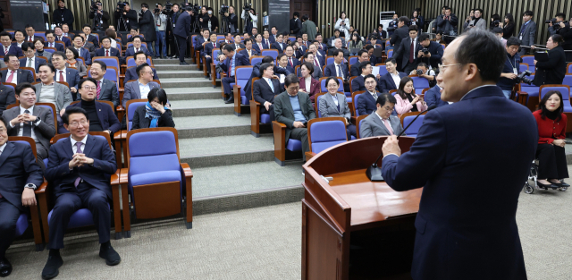 국민의힘 추경호 원내대표가 28일 오후 국회에서 열린 의원총회에서 발언하고 있다. 연합뉴스