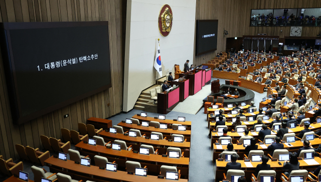 우원식 국회의장이 14일 오후 국회 본회의에서 윤석열 대통령 탄핵소추안을 상정하고 있다. 연합뉴스