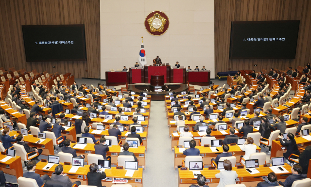 우원식 국회의장이 14일 오후 국회 본회의에서 윤석열 대통령 탄핵소추안을 가결하고 있다. 연합뉴스