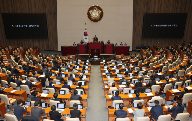 우원식 국회의장이 14일 오후 국회 본회의에서 윤석열 대통령 탄핵소추안을 상정하고 있다. 연합뉴스