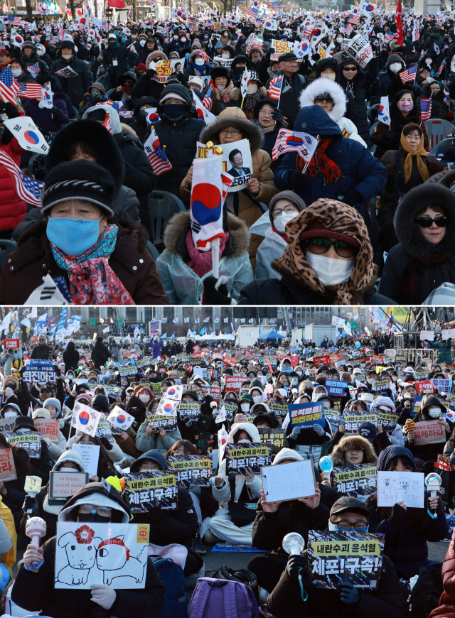 28일 오후 서울 광화문 동화면세점 앞에서 열린 대한민국바로세우기국민운동본부 주최 대통령 탄핵 반대 자유민주주의 수호 광화문 국민혁명대회(위 사진)와 경복궁 동십자각 인근에서 열린 