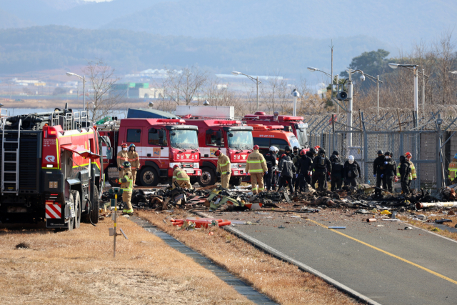 29일 오전 전남 무안국제공항에서 착륙 중이던 항공기가 활주로를 이탈해 울타리 외벽을 충돌했다. 사진은 사고 현장에서 소방 당국이 인명 구조를 하는 모습. 연합뉴스