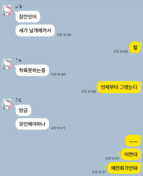 제주항공 여객기사고 피해자가 사고 직전 유족에게 보낸 카카오톡 메시지 내용. 유족 측 제공