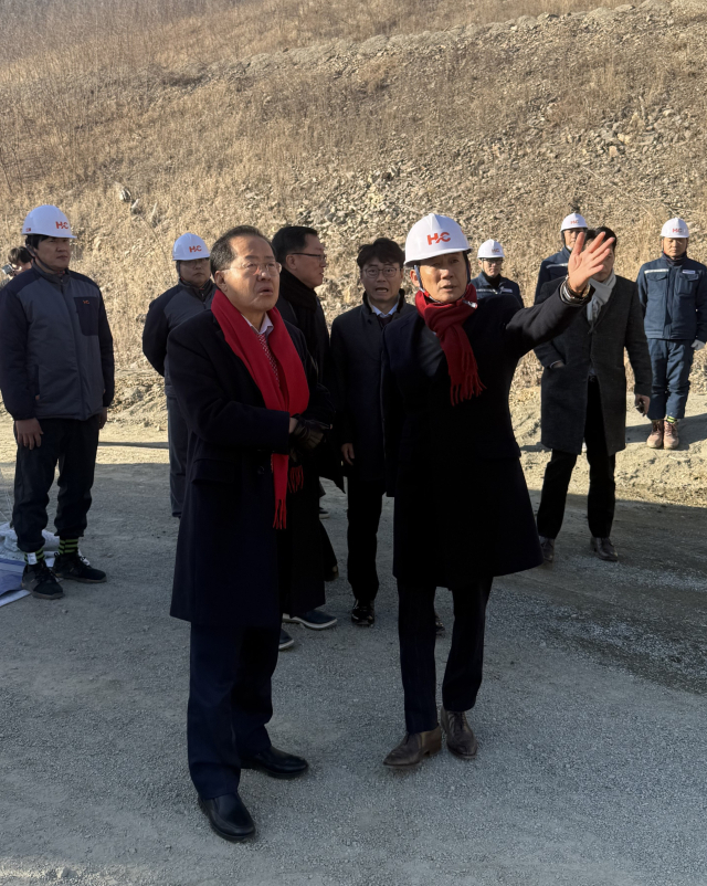 홍준표 대구시장이 15일 보광산업이 보유한 군위군 소재 채석단지(석산)를 방문해 박병준 회장과 함께 향후 TK신공항 건설에 필요한 레미콘 등 자재 수급 현황을 점검했다. 보광산업 제공