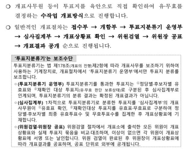 중앙선거관리위원회 홈페이지 수개표 관련 설명