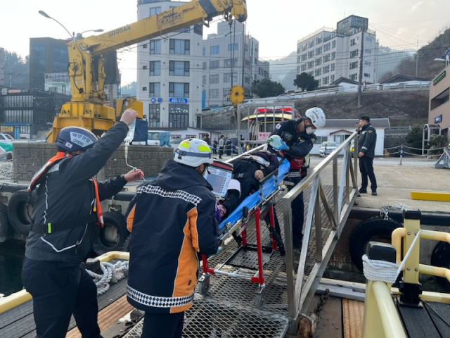 22일 울릉도 저동해안도로 앞 바다에 70대 여성이 빠졌다는 신고를 받고 출동한 해경과 소방당국이 구조하고 있다. 울릉119안전센터 제공