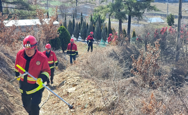 창녕군 산불전문예방진화대 진화훈련 광경. 창녕군 제공