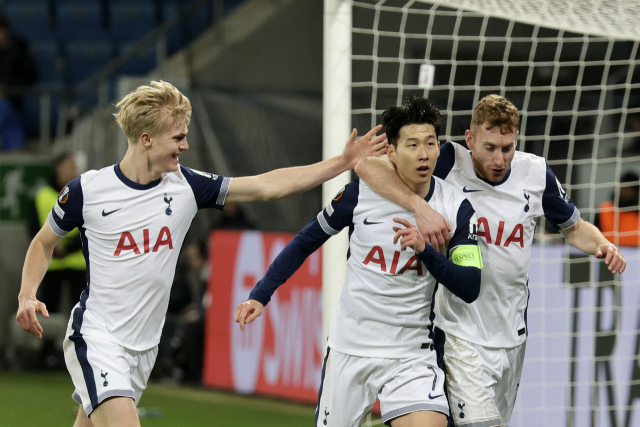 24일(한국시간) 독일 진스하임의 프리제로 아레나에서 열린 2024-2025 유럽축구연맹(UEFA) 유로파리그(UEL) 리그 페이즈 7차전 토트넘 홋스퍼-호펜하임 경기. 득점 후 세리머니를 펼치는 손흥민의 모습.