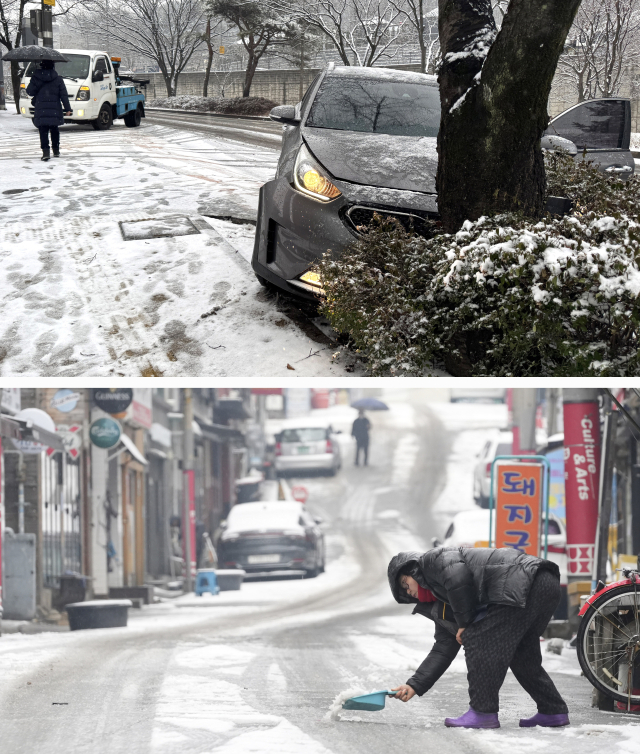 12일 오전 대구 앞산순환도로에서 출근길 차량이 눈길에 미끄러져 가로수를 충돌한 후 멈춰 있다(위). 도심 이면도로에서는 한 상인이 가게 문을 열기 전 눈을 치우고 있다. 우태욱 기자 안성완 기자