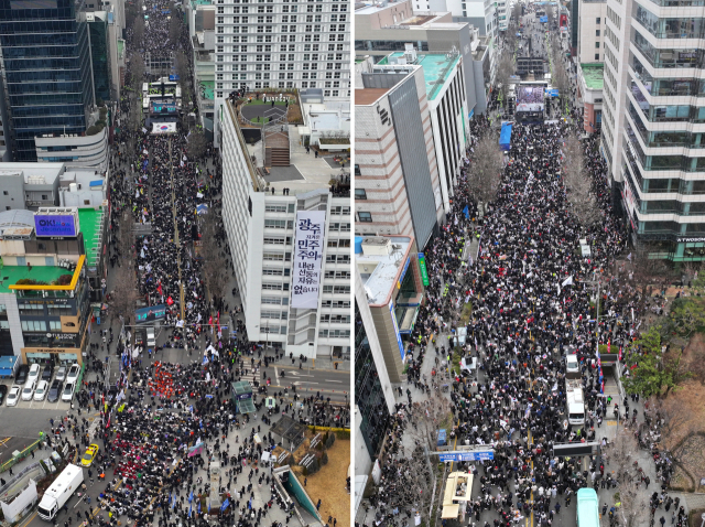 15일 오후 광주 동구 금남로에서 경찰버스로 만든 차벽을 사이에 두고 윤석열 대통령 탄핵에 찬성(왼쪽 사진), 반대(오른쪽 사진)하는 집회가 각각 열리고 있다. 연합뉴스