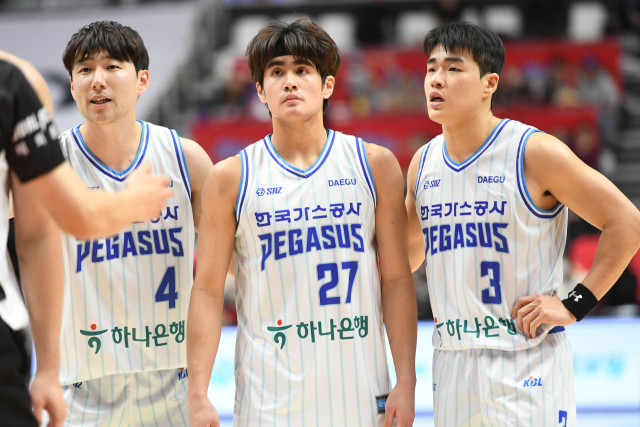 대구 한국가스공사 페가수스의 가드 김낙현, 샘조세프 벨란겔, 정성우(왼쪽부터). KBL 제공