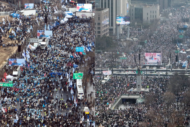 삼일절인 1일 서울 곳곳에서 윤석열 대통령 탄핵 찬반 집회가 열리고 있다. 안국동 사거리에서 더불어민주당을 비롯한 야 5당이 탄핵 촉구 집회를(왼쪽), 세종대로에서 대한민국바로세우기국민운동본부 탄핵 반대 집회를 하고 있다. 연합뉴스