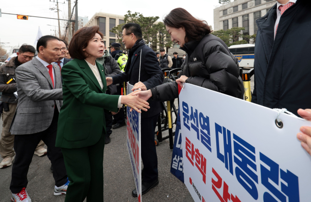 국민의힘 나경원 의원이 12일 서울 종로구 헌법재판소 앞에서 윤석열 대통령 탄핵 각하를 촉구하며 릴레이 시위 중인 탄핵반대 당협위원장 관계자들을 만나 격려하고 있다. 연합뉴스