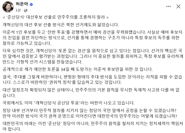 허은아 전 개혁신당 대표 페이스북