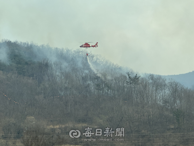 산림 당국이 지난 23일 경북 의성군 안평면 박곡1리 야산에 발생한 산불을 진화하고자 소방헬기로 진화 작업을 벌이고 있다. 매일신문DB