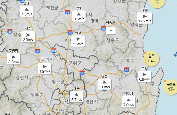 25일 오후 10시 기준 경북 각 지역 풍향 및 풍속. 기상청